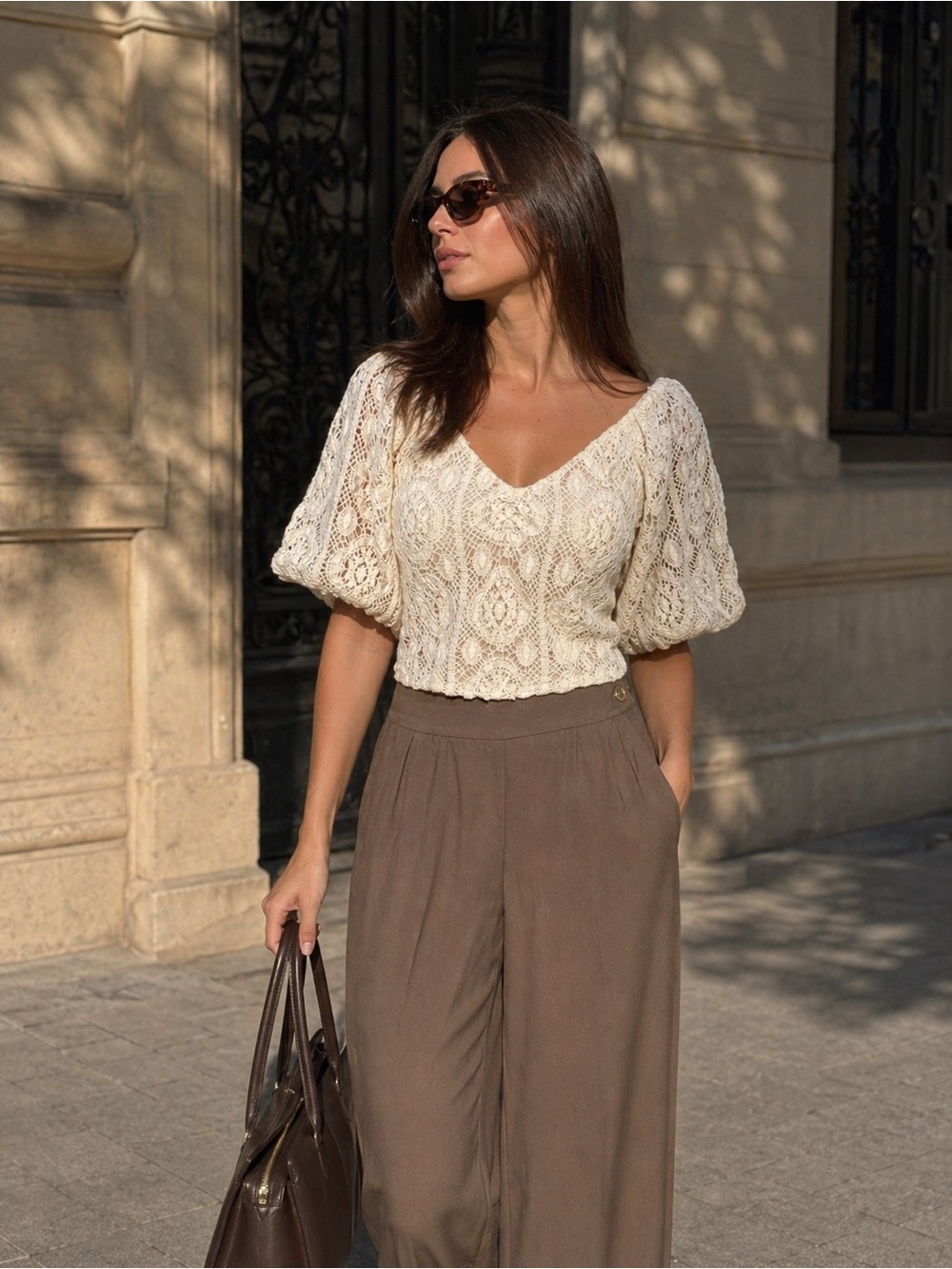 SAYLOR Cream Crochet Puff Sleeve Crop Top
S